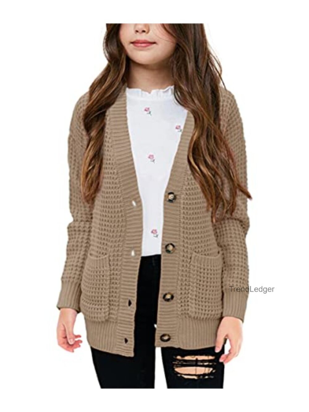Girls Open Front Button Down Knit Cardigan Sweater Acrylic